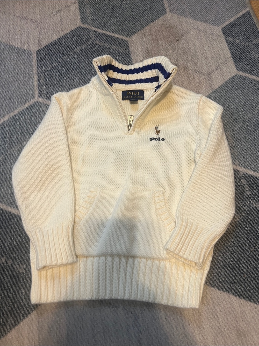 Polo by Ralph Lauren Cream Zip-Neck Knit Sweater with Navy Trim